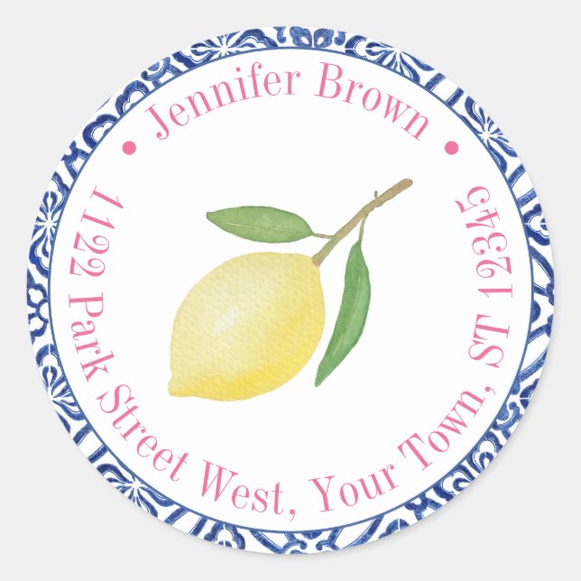 Adesivo Redondo Endereço de Devolução de Chuveiro de Azulejo Rosa  (Frente)