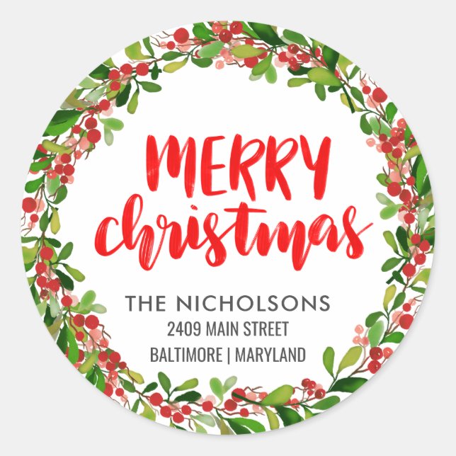 Adesivo Redondo Endereço de devolução de feriado de feriado vermel (Frente)