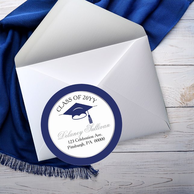 Adesivo Redondo Endereço de Devolução de Formatura da Faculdade Az (Elegant Blue and Silver Tone  College | University Graduation Return Address Classic Round Sticker)