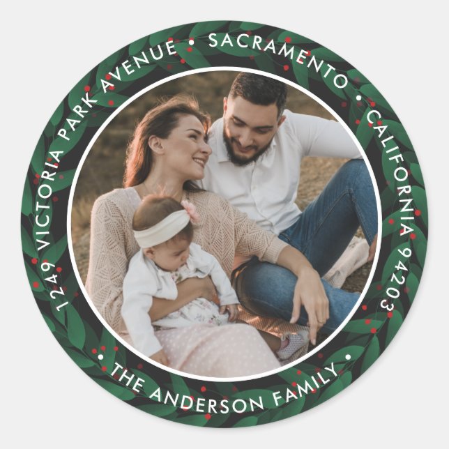 Adesivo Redondo Endereço de devolução de foto Elegante Greenery (Frente)