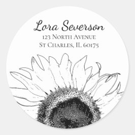 Adesivo Redondo Endereço de devolução de girassol preto e branco