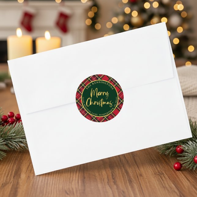 Adesivo Redondo Endereço de devolução de natal de script Dourado d (Tartan Plaid Gold Script Christmas Return Address Round Stickers)