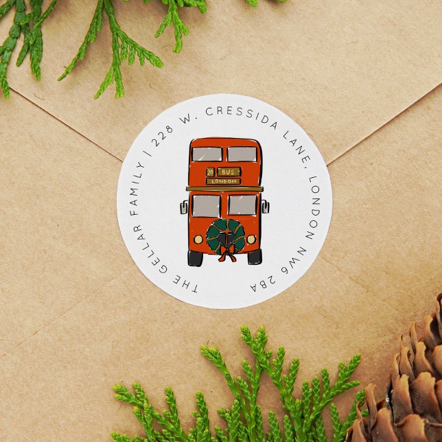 Adesivo Redondo Endereço de devolução de Natal do Bus de Decker Du (London Double Decker Bus Christmas Return Address Classic Round Sticker)