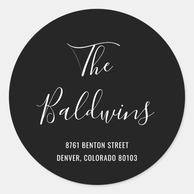 Adesivo Redondo Endereço de Devolução de Nome Grande Preto Moderno (Frente)