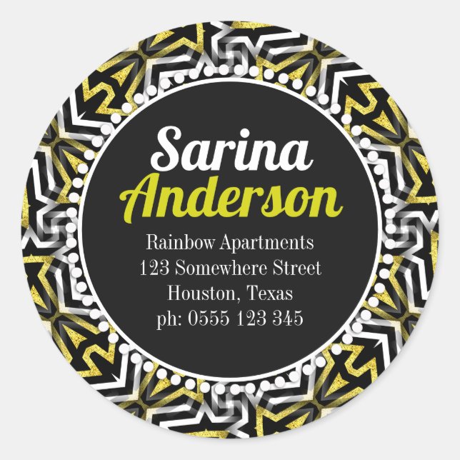 Adesivo Redondo Endereço de devolução de padrão Sparkle Dourado e  (Frente)