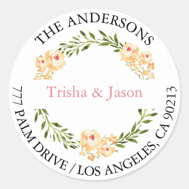 Adesivo Redondo Endereço de devolução DIY, flores de pêssego em C/ (Frente)