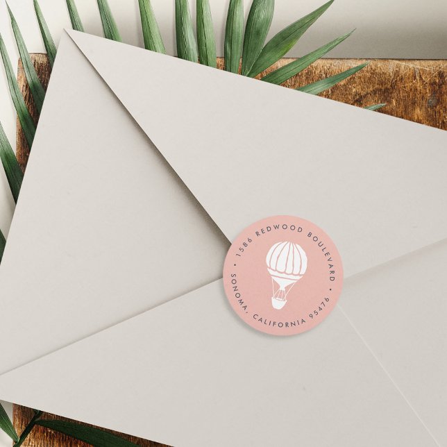 Adesivo Redondo Endereço de devolução do balão de ar quente rosa (Criador carregado)