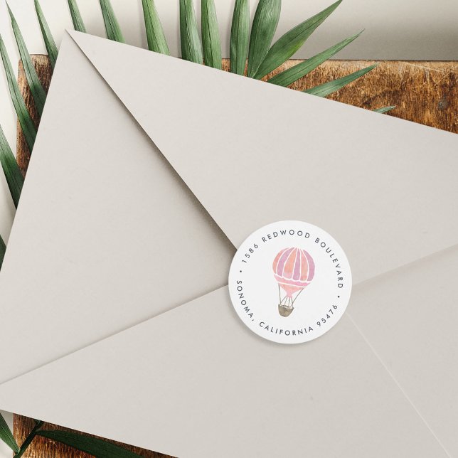 Adesivo Redondo Endereço de devolução do balão de ar quente rosa (Criador carregado)