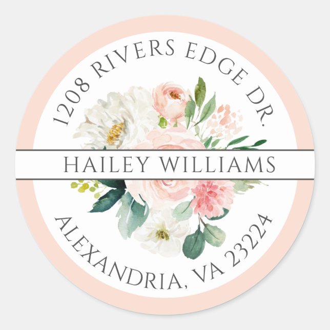 Adesivo Redondo Endereço de devolução do Buquê branco e rosa-claro (Frente)