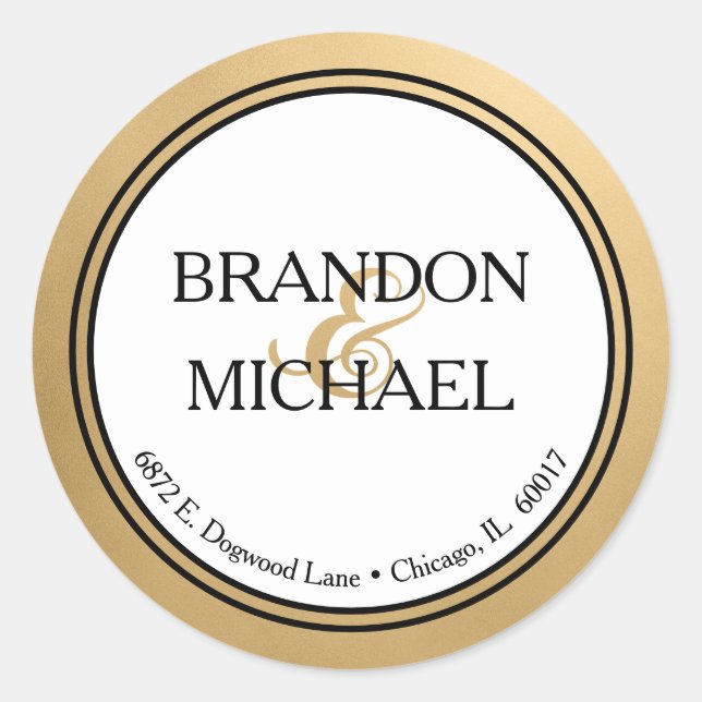 Adesivo Redondo Endereço de devolução do casamento formal Dourado  (Frente)