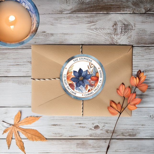 Adesivo Redondo Endereço de devolução do círculo floral azul de qu (Boho Blue and Terracotta Fall |  Autumn Floral Return Address Envelope Seal)