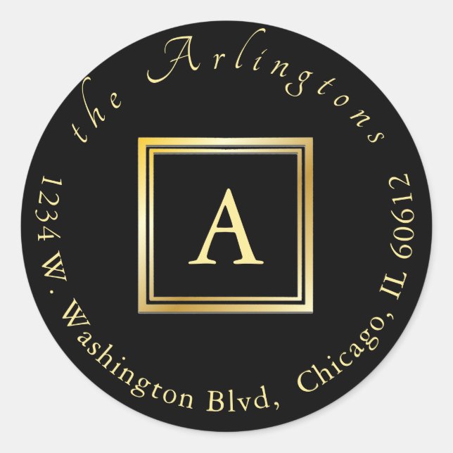 Adesivo Redondo Endereço de devolução do Dourado Monograma de Casa (Frente)