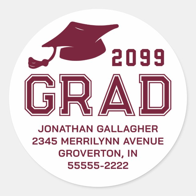 Adesivo Redondo Endereço de devolução do FORMANDO de Ano Maroon de (Frente)