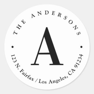 Adesivo Redondo Endereço de devolução do Monograma Branco e Preto