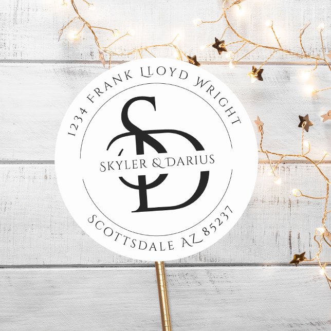 Adesivo Redondo Endereço de devolução do Monograma de Casamento Si (Criador carregado)