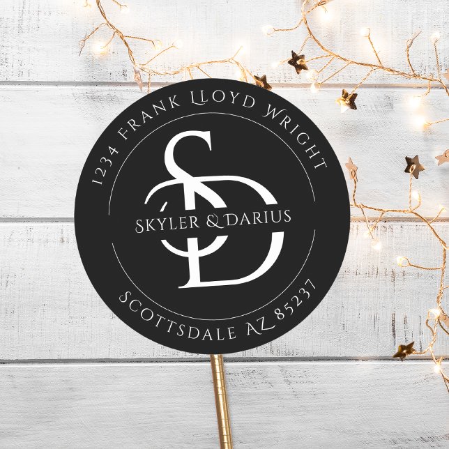 Adesivo Redondo Endereço de devolução do Monograma de Casamento Si (Criador carregado)