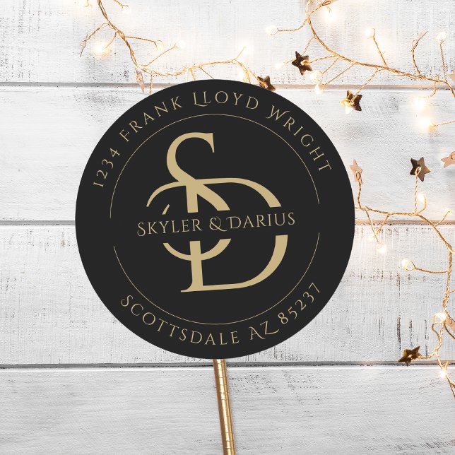 Adesivo Redondo Endereço de devolução do Monograma de Casamento Si (Criador carregado)