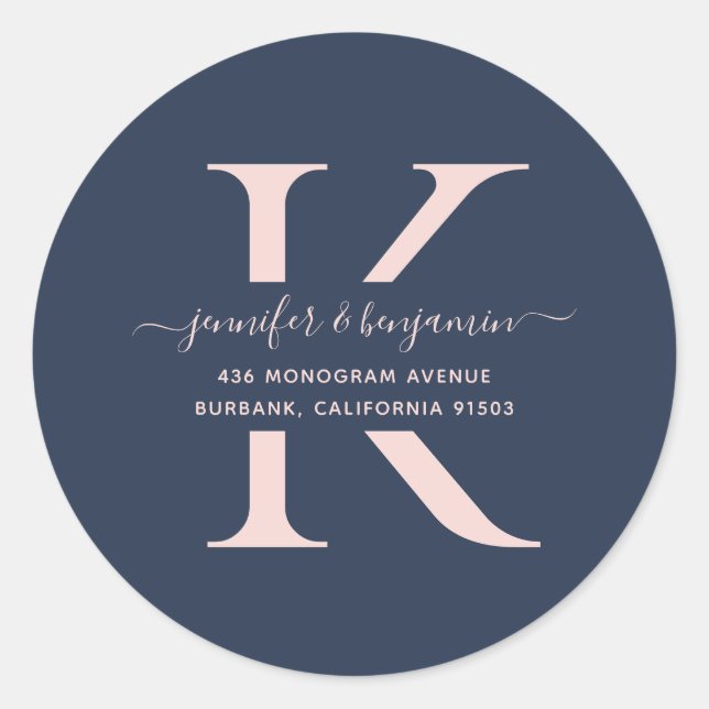 Adesivo Redondo Endereço de devolução do Monograma de Script Azul  (Frente)