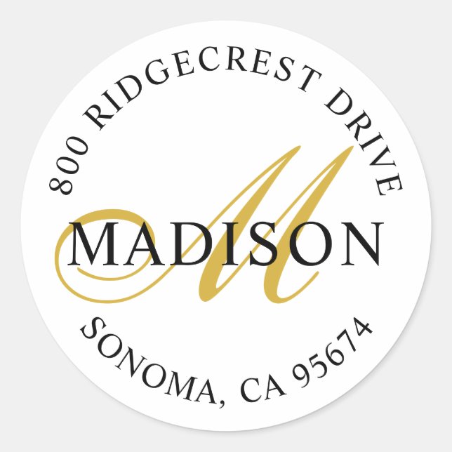 Adesivo Redondo Endereço de devolução do monograma do script preto (Frente)