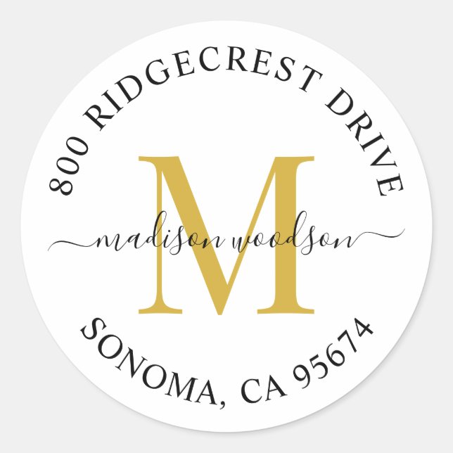 Adesivo Redondo Endereço de devolução do monograma do script preto (Frente)