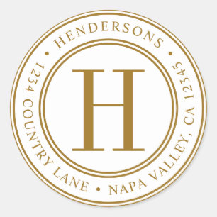 Adesivo Redondo Endereço de devolução do Monograma Elegante Dourad