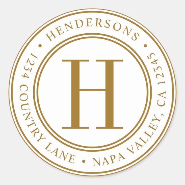 Adesivo Redondo Endereço de devolução do Monograma Elegante Dourad (Frente)