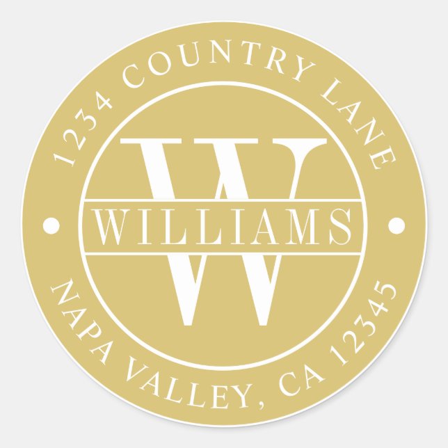 Adesivo Redondo Endereço de devolução do Monograma Elegante Dourad (Frente)