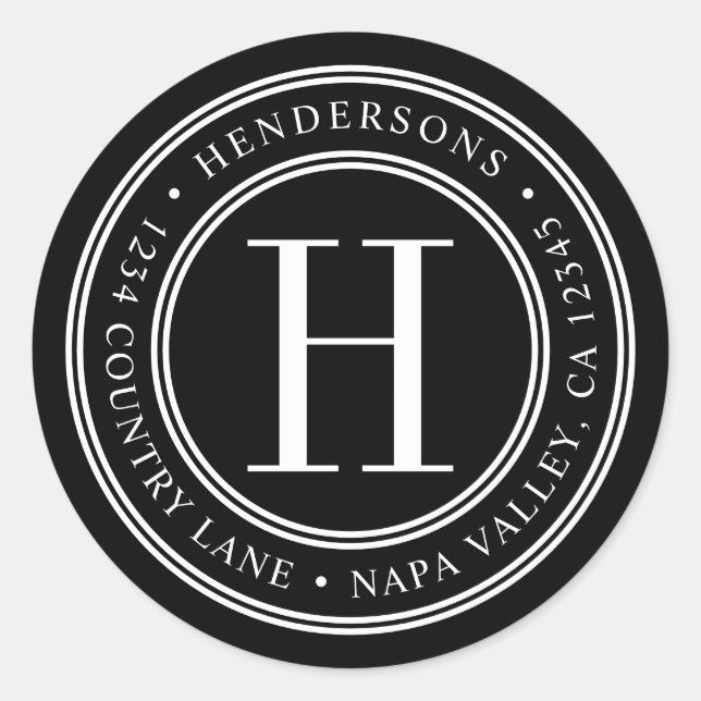 Adesivo Redondo Endereço de devolução do monograma elegante preto  (Frente)