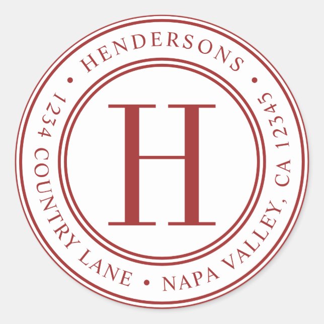 Adesivo Redondo Endereço de devolução do Monograma Elegante Vermel (Frente)