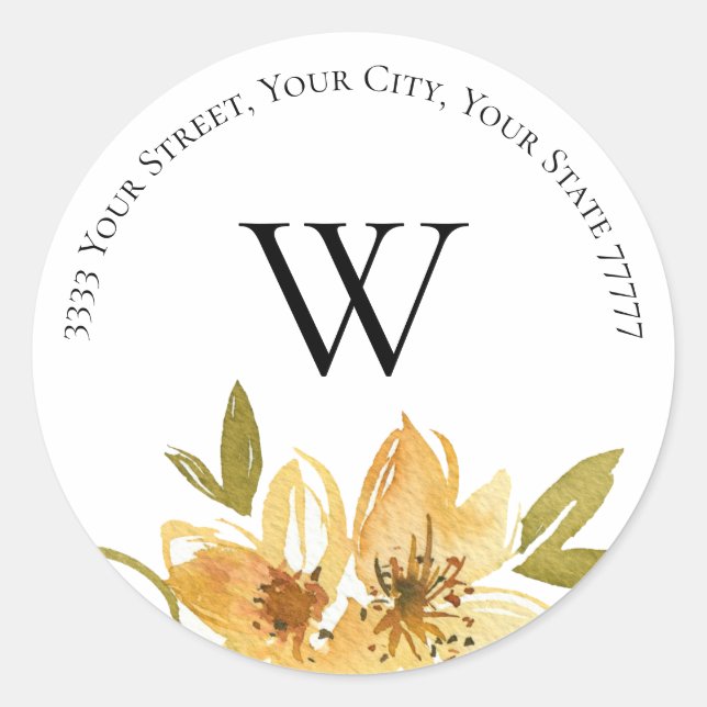 Adesivo Redondo Endereço de devolução do monograma floral amarelo  (Frente)