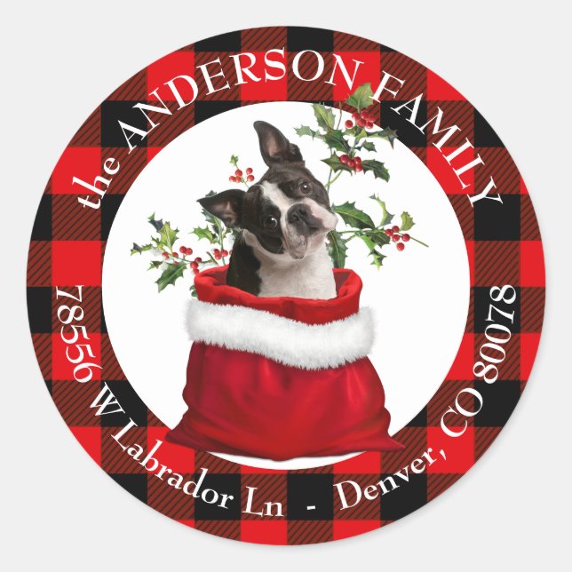 Adesivo Redondo Endereço de devolução do quadro de Xadrez Terrier  (Frente)