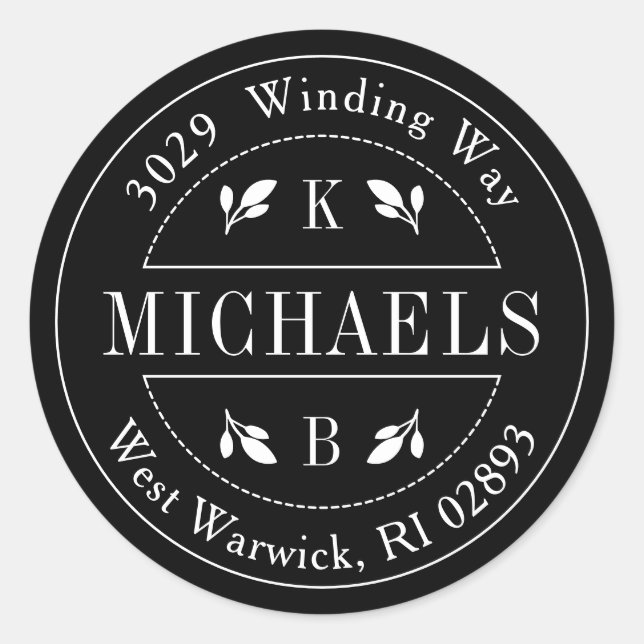 Adesivo Redondo Endereço de devolução do Sobrenome do Monograma em (Frente)