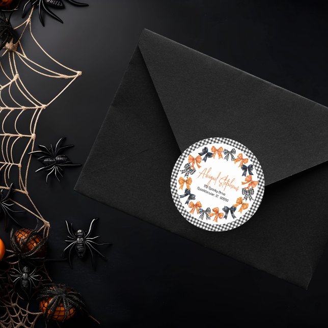 Adesivo Redondo Endereço de devolução dos Arcos Coquette do Hallow (Halloween Coquette Black | Orange Bows Girl Baby Shower Return Address Envelope Seal Round Sticker)