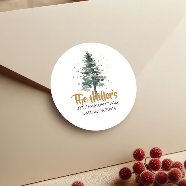 Adesivo Redondo Endereço de devolução Dourado da Árvore de Natal d (Criador carregado)