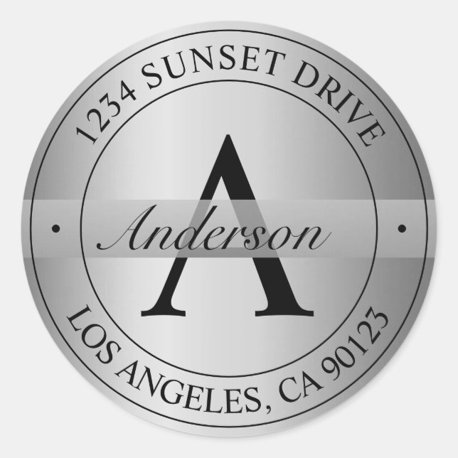 Adesivo Redondo Endereço de devolução Faux Silver Monogramed Elega (Frente)