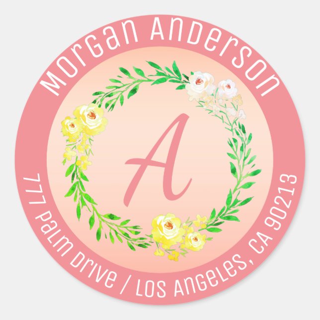 Adesivo Redondo Endereço de Devolução, Flores Aquarela, Letra Cora (Frente)