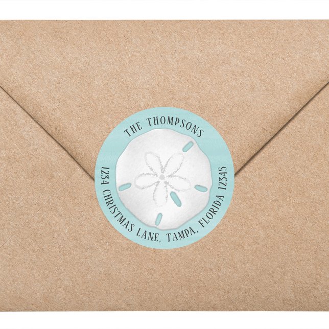 Adesivo Redondo Endereço de devolução simples Dólar de areia turqu (Simple beach tropical sand dollar return address circle sticker labels. )