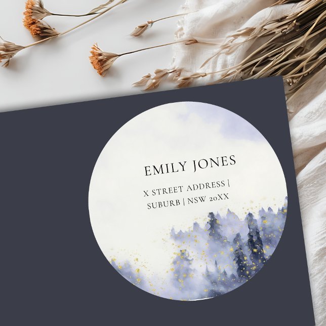 ADESIVO REDONDO ENDEREÇO DE FOLIAGEM DA ÁRVORE DE ÁGUA AZUL (Criador carregado)