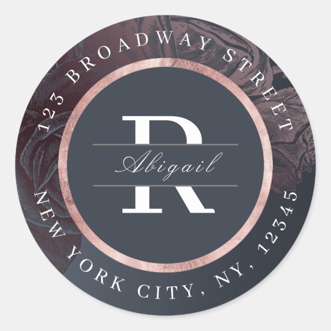 Adesivo Redondo Endereço de retorno botânico do luxe rosa dourado (Frente)