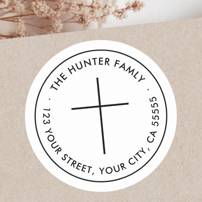Adesivo Redondo Endereço de retorno branco mínimo cristão cruzado (Minimalist Christian cross white return address Classic Round Sticker)