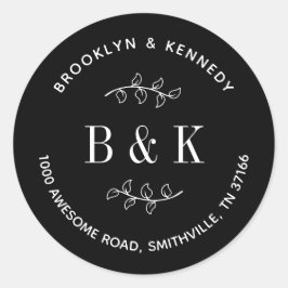 Adesivo Redondo Endereço de Retorno Casal Noiva Floral Preto Branc