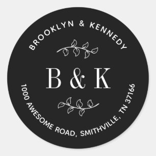 Adesivo Redondo Endereço de Retorno Casal Noiva Floral Preto Branc