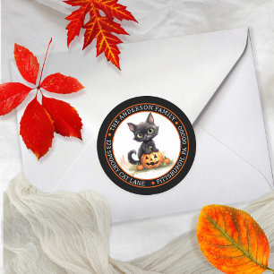 Adesivo Redondo Endereço de Retorno Circular JackOLantern Gatinho