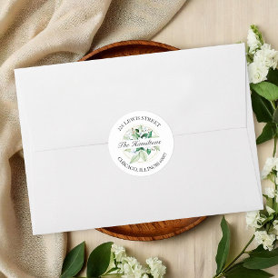 Adesivo Redondo Endereço de Retorno de Casamento de Folhagens Flor