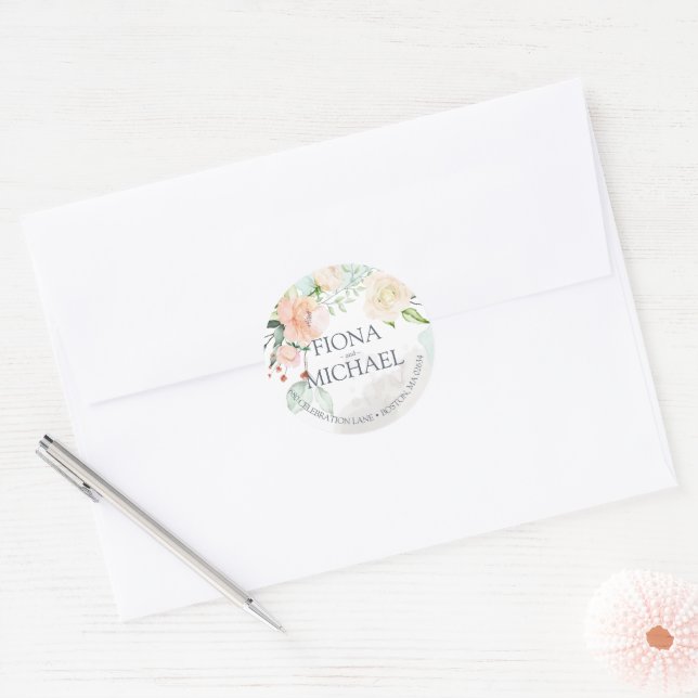 Adesivo Redondo Endereço de Retorno de Casamento Floral em Aquarel (Envelope)