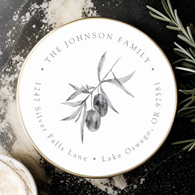 Adesivo Redondo Endereço de Retorno de Galho de Oliveira em Aquare (Criador carregado)