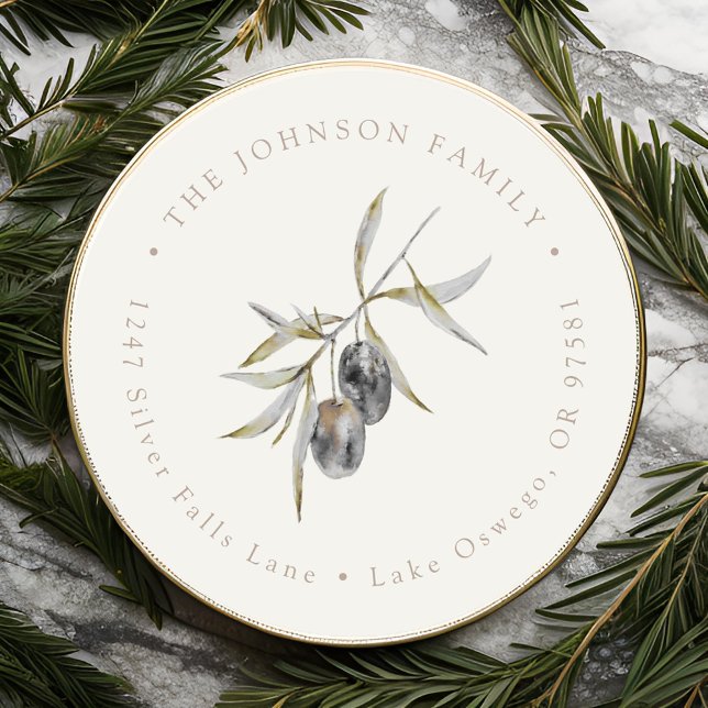 Adesivo Redondo Endereço de Retorno de Galho de Oliveira em Aquare (Criador carregado)