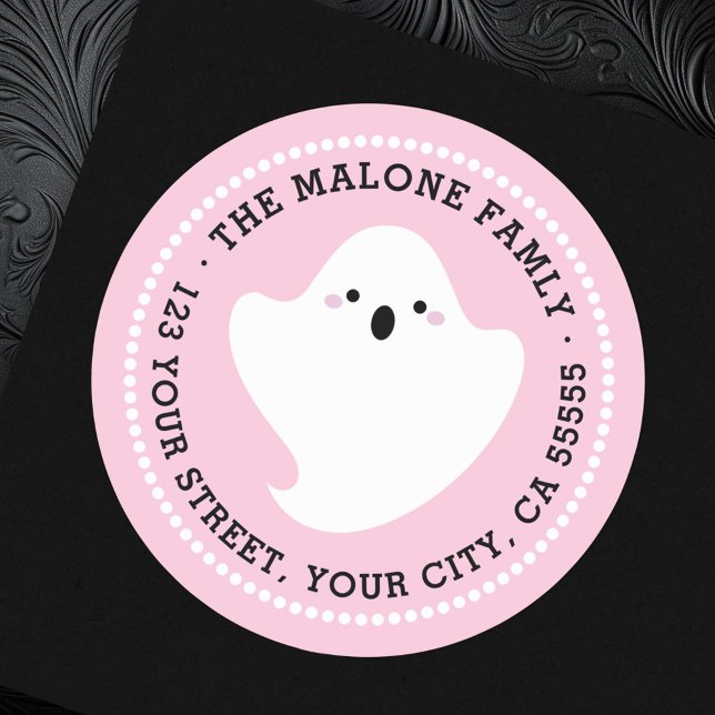 Adesivo Redondo Endereço de retorno de Halloween rosa fantasma bon (Cute ghost pink Halloween return address Classic Round Sticker)