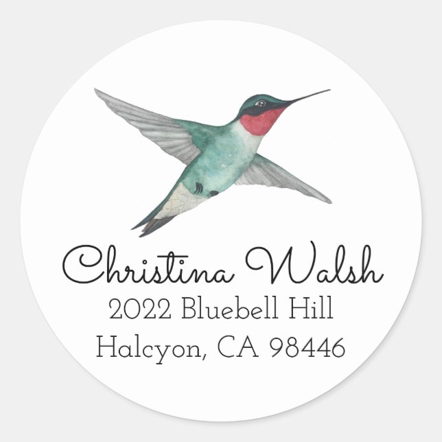 Adesivo Redondo Endereço de retorno de Hummingbird com garganta de (Frente)
