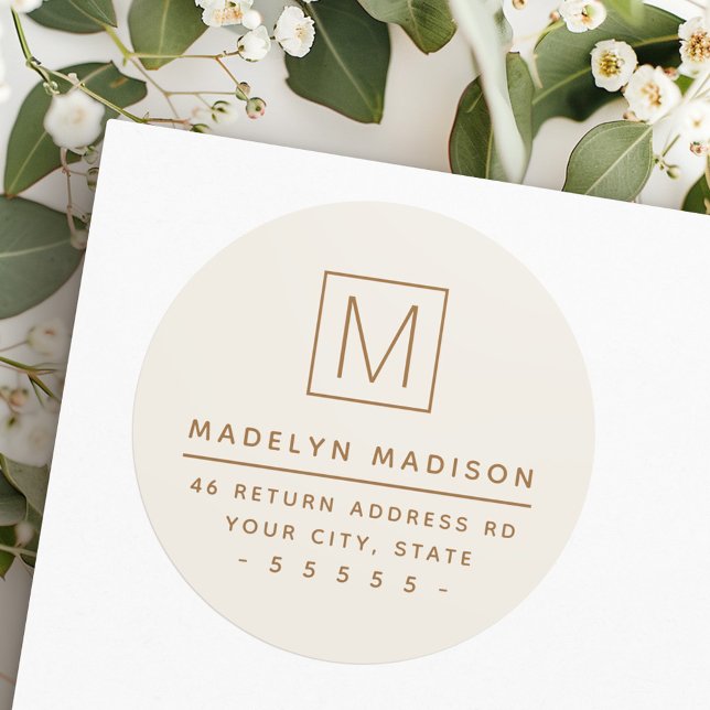 Adesivo Redondo Endereço de retorno de marfim de monograma moderno (Modern monogram ivory colored return address classic round sticker)